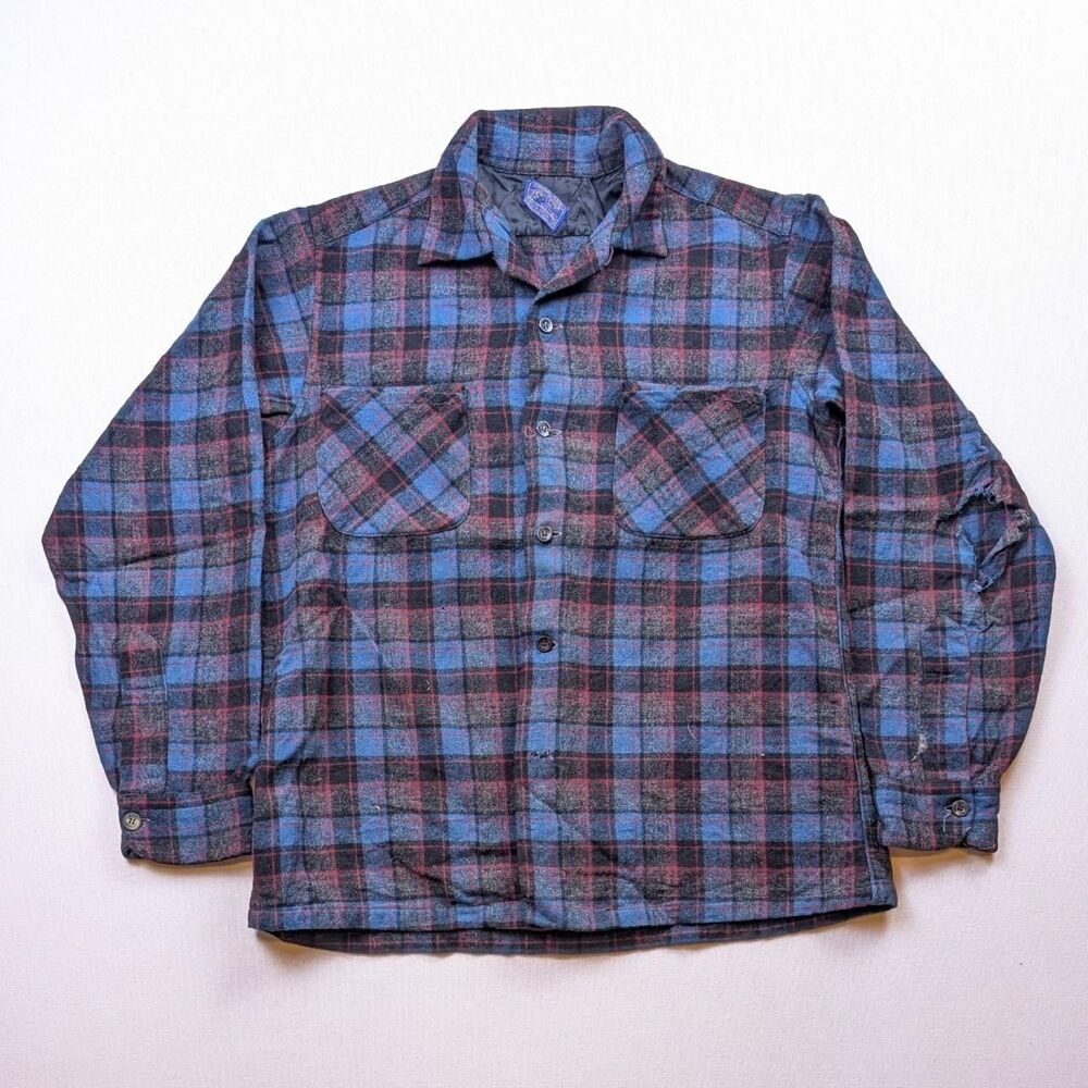 Vintage Pendleton Board Shirt Blue Red Plaid Button Up Size Medium Distressed